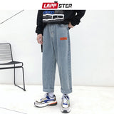LAPPSTER Mens Korean Fashoins Harem Blue Jeans Pants 2021 Vintage Straight Pants Harajuku Jeans Baggy Free Belt Wide Leg Denim