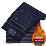 2021 Winter New Men's Warm Slim Fit Jeans Business Fashion Thicken Denim Trousers Fleece Stretch Brand Pants Black Blue
