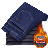 2021 Winter New Men's Warm Slim Fit Jeans Business Fashion Thicken Denim Trousers Fleece Stretch Brand Pants Black Blue