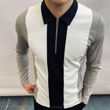 Fashion Patchwork Striped Long Sleeve Tops Male Casual Zip-up Turn-down Collar Polo Shirts Vintage Casual Men's Slim Polo Shirt