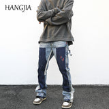 Distressed Splash Ink Flare Jeans Urban Streetwear Patch Mens Graffiti Flared Jeans Hip Hop Washed Blue Slim Fit Denim Pants Men