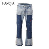 Distressed Splash Ink Flare Jeans Urban Streetwear Patch Mens Graffiti Flared Jeans Hip Hop Washed Blue Slim Fit Denim Pants Men