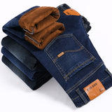 2021 Autumn Winter Warm Jeans for Men Slim Straight Plus Velvet Thick Denim Trousers Stretch Large Size Casual Long Pants 28-
