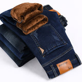 2021 Autumn Winter Warm Jeans for Men Slim Straight Plus Velvet Thick Denim Trousers Stretch Large Size Casual Long Pants 28-
