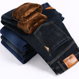 2021 Autumn Winter Warm Jeans for Men Slim Straight Plus Velvet Thick Denim Trousers Stretch Large Size Casual Long Pants 28-
