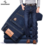 SHAN BAO 2021 autumn spring fitted straight stretch denim jeans classic style badge youth men's business casual jeans trousers