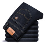 SHAN BAO 2021 autumn spring fitted straight stretch denim jeans classic style badge youth men's business casual jeans trousers