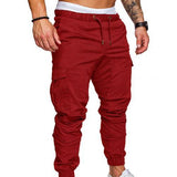 Men Casual Solid Color Pockets Waist Drawstring Ankle Tied Skinny Cargo Pants
