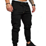 Men Casual Solid Color Pockets Waist Drawstring Ankle Tied Skinny Cargo Pants