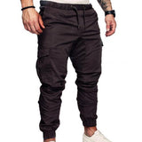 Men Casual Solid Color Pockets Waist Drawstring Ankle Tied Skinny Cargo Pants