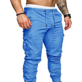 Men Casual Solid Color Pockets Waist Drawstring Ankle Tied Skinny Cargo Pants