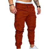 Men Casual Solid Color Pockets Waist Drawstring Ankle Tied Skinny Cargo Pants