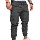 Men Casual Solid Color Pockets Waist Drawstring Ankle Tied Skinny Cargo Pants