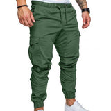 Men Casual Solid Color Pockets Waist Drawstring Ankle Tied Skinny Cargo Pants