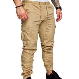 Men Casual Solid Color Pockets Waist Drawstring Ankle Tied Skinny Cargo Pants
