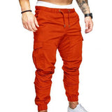 Men Casual Solid Color Pockets Waist Drawstring Ankle Tied Skinny Cargo Pants