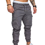 Men Casual Solid Color Pockets Waist Drawstring Ankle Tied Skinny Cargo Pants
