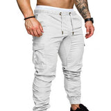 Men Casual Solid Color Pockets Waist Drawstring Ankle Tied Skinny Cargo Pants