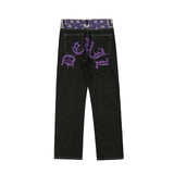 Waist Cashew Print Letter Pactchwork Ripped Jeans Pants Mens Streetwear Straight Washed Retro Oversized Casual Denim Trousers