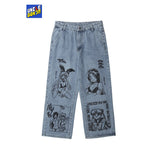 UNCLEDONJM Cartoon Printed Jeans Men's BF Harajuku Fashion Brand Street wear Casual Fashion graffiti loose blue jeans