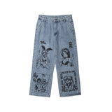 UNCLEDONJM Cartoon Printed Jeans Men's BF Harajuku Fashion Brand Street wear Casual Fashion graffiti loose blue jeans