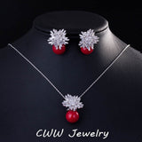 CWW New Fashion Jewelry Cubic Zircon Flower Big Red Pearl Pendant Necklace And Earrings Set For Ladies Best Friend Gift T209