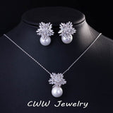 CWW New Fashion Jewelry Cubic Zircon Flower Big Red Pearl Pendant Necklace And Earrings Set For Ladies Best Friend Gift T209