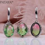 PATAYA New Women Wedding Party Noble Hollow Jewelry Sets White Gold Oval AB Color Natural Zircon Fine Dangle Earrings Rings Set