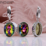 PATAYA New Women Wedding Party Noble Hollow Jewelry Sets White Gold Oval AB Color Natural Zircon Fine Dangle Earrings Rings Set