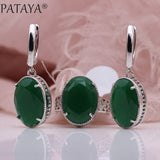 PATAYA New Women Wedding Party Noble Hollow Jewelry Sets White Gold Oval AB Color Natural Zircon Fine Dangle Earrings Rings Set