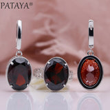 PATAYA New Women Wedding Party Noble Hollow Jewelry Sets White Gold Oval AB Color Natural Zircon Fine Dangle Earrings Rings Set