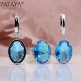PATAYA New Women Wedding Party Noble Hollow Jewelry Sets White Gold Oval AB Color Natural Zircon Fine Dangle Earrings Rings Set