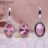 PATAYA New Women Wedding Party Noble Hollow Jewelry Sets White Gold Oval AB Color Natural Zircon Fine Dangle Earrings Rings Set