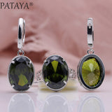 PATAYA New Women Wedding Party Noble Hollow Jewelry Sets White Gold Oval AB Color Natural Zircon Fine Dangle Earrings Rings Set