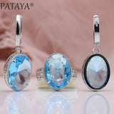 PATAYA New Women Wedding Party Noble Hollow Jewelry Sets White Gold Oval AB Color Natural Zircon Fine Dangle Earrings Rings Set