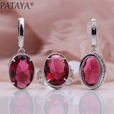 PATAYA New Women Wedding Party Noble Hollow Jewelry Sets White Gold Oval AB Color Natural Zircon Fine Dangle Earrings Rings Set