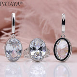 PATAYA New Women Wedding Party Noble Hollow Jewelry Sets White Gold Oval AB Color Natural Zircon Fine Dangle Earrings Rings Set