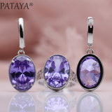 PATAYA New Women Wedding Party Noble Hollow Jewelry Sets White Gold Oval AB Color Natural Zircon Fine Dangle Earrings Rings Set