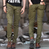Green Black Denim Biker jeans Mens Skinny 2018 Runway Distressed slim elastic jeans homme hiphop Washed Military cargo pants