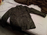High-collared leather jacket, available in several trendy colors.